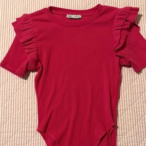 Zara Hot Pink Ruffled Short Sleeve Bodysuit